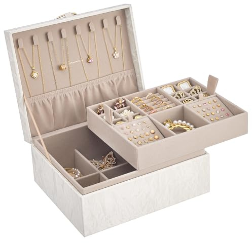 SONGMICS Schmuckkästchen 2 Ebenen, mit Metallgriff, 23,9 x 20,5 x 11,2 cm | Schmuckkasten, flexibles Schmucktablett, mit Griff, Geschenkidee, Cremeweiss und Hellbraun, GREETA Kollektion JBC165W101