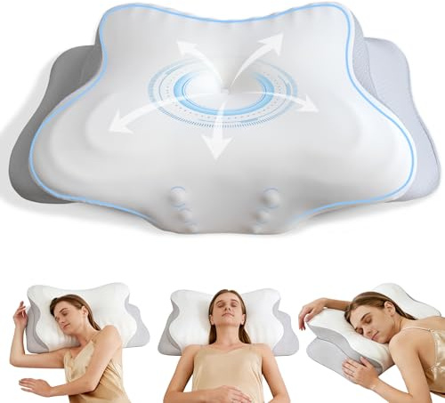 Nackenkissen Kopfkissen - Memory Foam Kissen Zertifiziert CertiPUR-US & OEKO-TEX® mit Abnehmbarem Eisseidenbezug, Ergonomisches Nackenstützkissen mit Zwei Höhen für Seiten, Rücken & Bauchschläfer