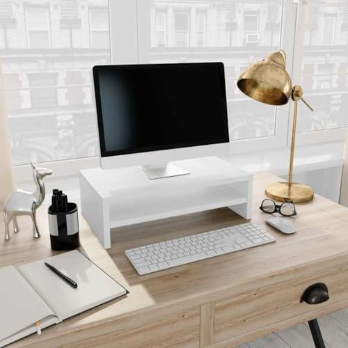 Mokuyary - Supporto per Monitor in Legno ingegnerizzato Bianco, 42 x 24 x 13 cm, Supporto da scrivania in Legno per Schermo e Laptop, Piattaforma per PC, Organizer ergonomico da scrivania per Uso