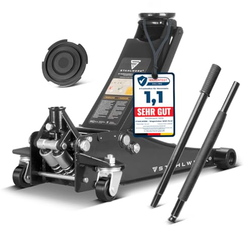 STAHLWERK Cric hydraulique avec capacité de charge de 3 t – extra plat, plage de levage 73-500 mm, roues caoutchoutées, double piston de levage, cric rouleur, cric hydraulique, cric de voiture (WHB-73