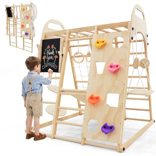 SPYLAVE Maxi Klettergerüst Indoor für Kinder, 12 in 1 Montessori Indoor Spielplatz (Klappbar) aus Holz zum Rutschen & Klettern ab 1 Jahr, mit Schaukel Leiter Rutsche Kletternetz Turnringe, Massiveholz