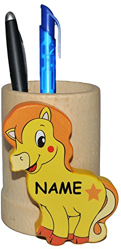 Stifteköcher/Stiftebox/Stiftehalter - Pferd Pony - aus Holz incl. Namen - Butler für den Schreibtisch - Stifte Stift Holz - Zahnbürstenhalter Utensilienbe..