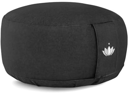 Lotuscrafts Yogakissen Meditationskissen Rund Lotus - Sitzhöhe 15cm - Waschbarer Bezug aus Baumwolle - Yoga Sitzkissen mit Dinkelfüllung - GOTS Zertifiziert - Mit Bestickung