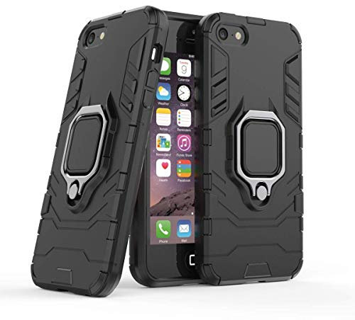 Compatible with iPhone 5 5S SE Case, Metal Ring Grip Kickstand Shockproof Hard Bumper (Works with Magnetic Car Mount) Dual Layer Rugged Cover for Apple iPhone 5, iPhone 5S, iPhone SE (Black)