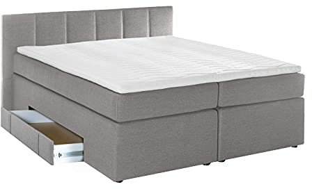 Furniture for Friends Doluna Boxspringbett Valina 180x200cm Hellgrau H2/H3 Kopfteilhöhe 90 cm ideal für Dachschrägen + Bettkasten für Stauraum, 7-Zonen Taschenfederkern-Matratze inkl. Visko-Topper