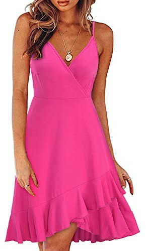 ULTRANICE Robe d'été pour Femme Col V Robe de Plage Bretelles Spaghetti réglables Robe décontractée(Rose,L)