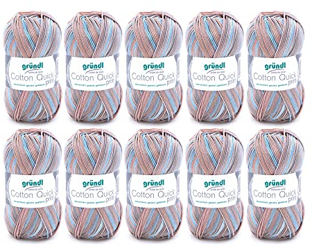 Gründl Wolle Cotton Quick print - dünne Wolle zum Häkeln mit Farbverlauf - Strickgarn - Glänzend und hautfreundlich - 100 % Baumwolle - 10 Knäuel 50 g / 125 m - Nadelstärke 3 - 4 - Beige-blau-grau