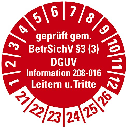 100 Stück - Prüfplakette Mehrjahresprüfplakette geprüft gemäß Leitern/Tritte, BetrSichV §3 | 21-26 Etikett Folie Aufkleber, rot | Ø15-40mm Made in Germany, Größe: Ø30 mm