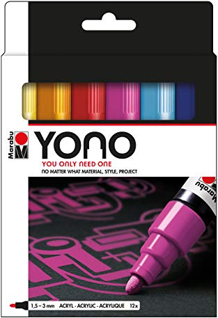 Marabu 1240000004004 - YONO Marker Set mit 12 Farben, vielseitige Acrylstifte mit japanischer Rundspitze 1,5 - 3 mm, wasserbasiert, lichtecht und wasserfest, für nahezu alle Untergründe