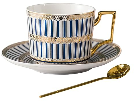 European Style Cup Tea Cup and Saucer Set,8.5oz/250ml Bone China Coffee Tea Cups with Saucer and Golden Spoon (Light Blue)