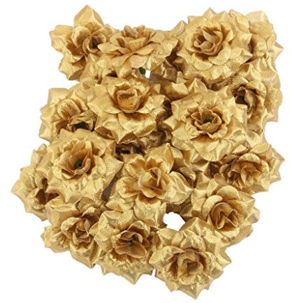 CESUO 50 STK. Seide Rosen Kuenstliche Braut Clips Hochzeit Dekoration Blumenkoepfe (Golden)