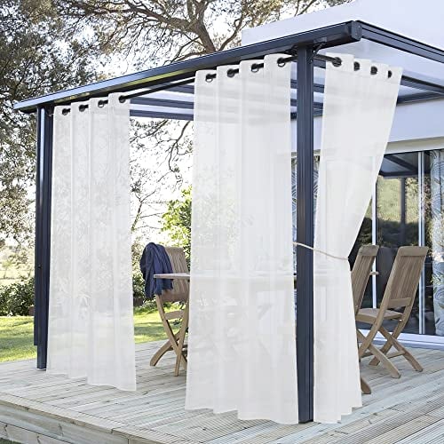 PONY DANCE Rideau Voilage Blanc - Rideaux D'extérieur Décoration de Maison pour Jardin & Patio Romantique Elégant à Oeillets pour Intérieur/Extérieur, L 137 x H 213 cm, 2 PCs