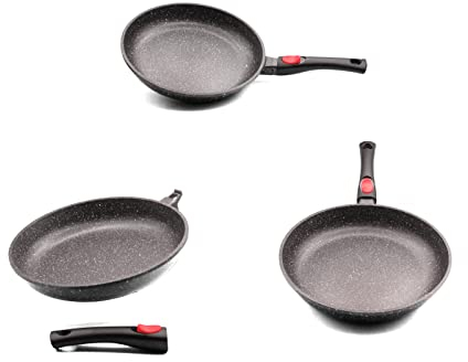 PRADEL LUXE, lot de 3 poêles, 20/24/28 cm, tous feux dont induction, manche amovible.