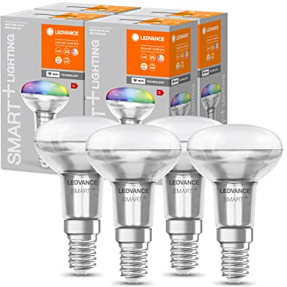 LEDVANCE Smarte LED R50 Spotlampe mit Wifi Technologie, E14, RGB-Farben & Lichtfarbe änderbar, Reflektorlampe als Ersatz für herkömmliche 40W-Glühbirnen, steuerbar mit Alexa, Google & App, 4er-Pack