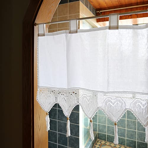 A.Monamour Gardine Scheibengardinen Kurzstores Weißer Baumwolle Halbtransparenter Gehäkelte Quasten in Herzform mit Schlaufen Kurzgardinen Küchengardine Küche Fenster Kurz Vorhang Stores Bistrogardine
