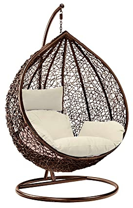 Rattan Swing Egg Chair with Stand Outdoor Indoor Garden Patio Hanging Egg Chair with Cushion (Brown Egg Chair & White Cushion)
