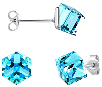 SILVEGO Damen Ohrringe aus 925 Sterling Silber mit Swarovski Crystals Aquamarine Würfel Ohrstecker 6 mm