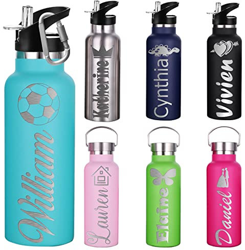 Personalisierte Wasserflasche mit Strohhalm-Deckel für die Schule, individuelle Gravur, isolierte Edelstahl-Sport-Wasserflasche mit Namen für Mädchen, Jungen, Frauen, Männer (350 ml, 750 ml, 7 Farben)
