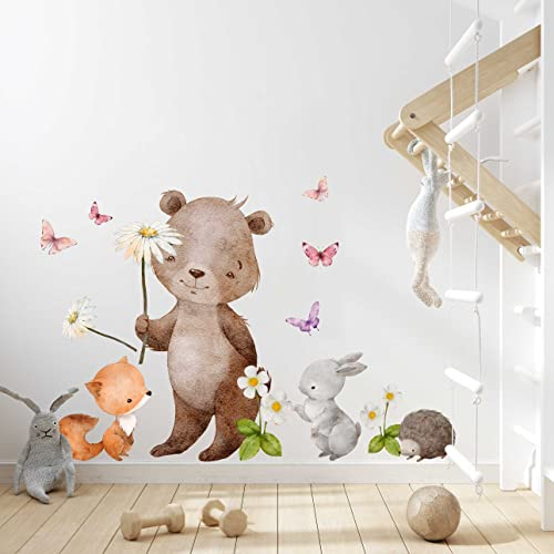 WANDKIND Waldtiere Wandtattoo Kinderzimmer V378 | handgezeichnet | AUFKLEBER Kindergarten | Babyzimmer Wandsticker Dschungel mit Bär, Fuchs und Hase (130 x 130 cm)