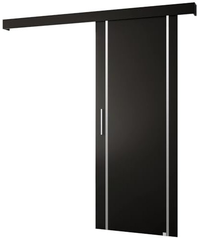 KRYSPOL Schiebetürsystem Salwador 9 Komplett-Set für Schiebetüren, Trennwände Innentüren, Modern Design (schwarz matt/Gitter: schwarz matt/Griff und Streife: Silber)