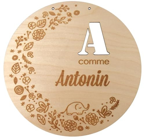 Adzif.biz Le sticker de decoration - Plaque de porte en bois gravée personnalisable - Plaque de porte ronde prénom - Décoration enfant thème nature