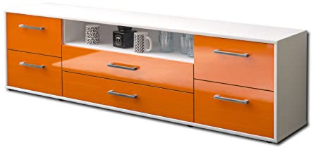 Lqliving TV-Board Lowboard Aurora, Korpus in Weiss matt, Front im Hochglanz-Design Orange (180x49x35cm), mit Metall Griffen, Made in Germany