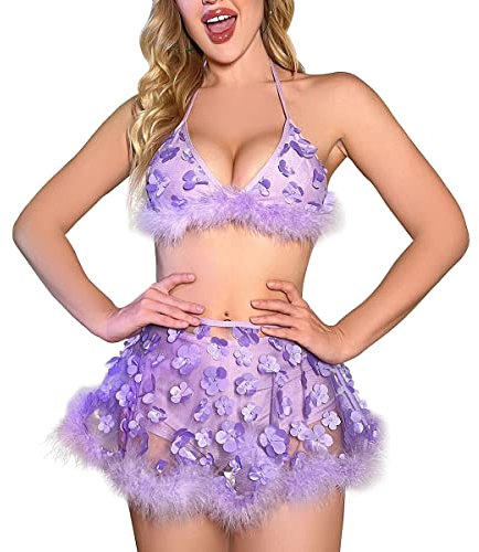 Vestiti da donna lucidi da rave, olografici, con allacciatura al collo, mini gonna, 2 pezzi, con paillettes glitterate, per musica, festival, feste, discoteche, Fiore viola, M