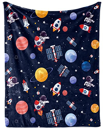 Weltraum Babydecke für Jungen, Weich Flauschig Blau Weltraum Astronaut Neugeboren Flanell Decke, Rakete Planet Baby Kuscheldecke Wohndecke für Kleinkinder Kinder Geschenk Couch Sofa Deko, 80 x 120 cm