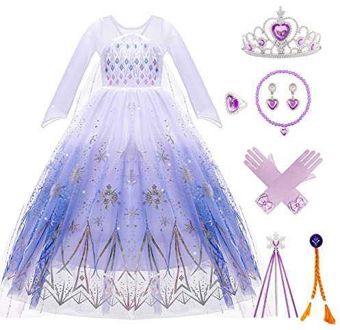 Kitimi Elsa Kleid Prinzessin Kleid Mädchen mit Krone Zauberstab Halsketten, Eiskönigin Elsa Kostüm Mädchen Abendkleid Lang Prinzessin Kostüm Dress für Weihnachten Cosplay Karneval Geburtstag Party