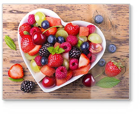 DEQORI Schneidebrett aus Glas | groß 40x30 cm | Motiv Obstsalat ist Liebe | Design Schneideplatte für Küche | Frühstücksbrett antibakteriell & rutschfest | Glasplatte & Servierplatte