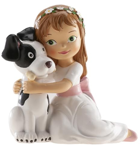 dekora - Figura Decorativa para Primera Comunión - Niña con Perrito - Elaborada en Resina - Adorno para Tartas - 11,5 Centímetros de Alto - Diseño Original y Detallado - Apto para Contacto Alimentario