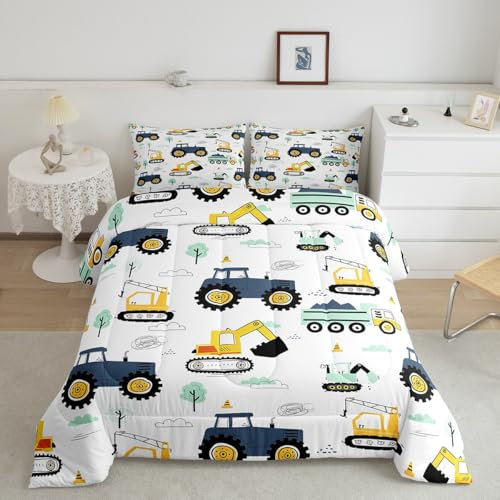 Cartoon-Auto-Kinder-Bettwäsche-Set, Doppelbett, Kinder-Baufahrzeuge, Steppdecke für Jungen, Mädchen, Teenager, Traktormaschinen, LKWs, Bettwäsche-Set, Bagger-Daunendecke, Auto-Bettwäsche-Set, 2 Stück