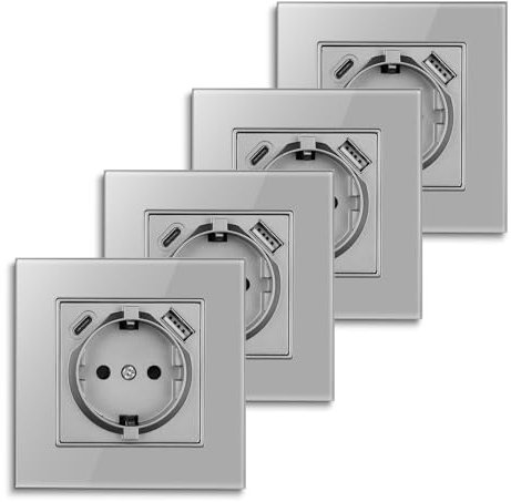 4er-Pack CNBINGO Schuko Steckdose mit USB Anschluss, USB-A und Typ-C Port Max.2,1 Amp total, Unterputz Steckdose mit Krallen, Schutzkontakt Wandsteckdose mit Glasrahmen in Grau, 1-Fach
