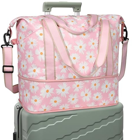 DMLuna Travel Duffel Bag, Tote Sports Gym Bag, Shoulder Overnight Weekender Bag for Women & Men, Hospital Bag, Expandable Duffel Bag with Trolley Sleeve/Wet Pocket, Pink Daisy