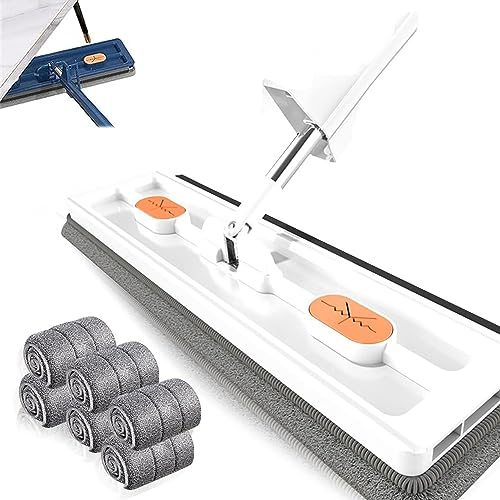 Herfair Großer Flachmop,Großer Flachmop, 2023 Neu Großer Flach Mopp Bodenwischer, 360° Drehgelenk Bodenwischer Set Flachmopp mit Wiederverwendbaren Mikrofaser-Wischpads (Weiß + 6 Pads)
