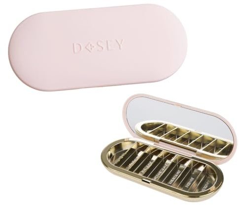 Dosey Compact Travel Pill Organizer - Pill Case with 7 Compartments for Medicine Storage & Protection – Stylish & Elegant Medication Organizer with Mirror, Blush