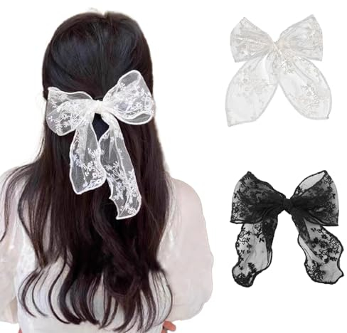 2 Pezzi Mollette Capelli Donna,Forcina con Fiocco in Pizzo,Accessori per Capelli Forcina per Capelli Grandi,Forcina per Coda Lunga,Bella e Carina,Accessori per Donne e Ragazze (Bianco,Nero)
