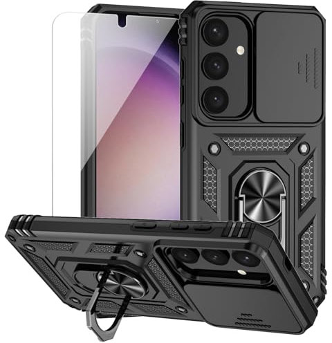 for Samsung Galaxy S24 Case with Camera Lens Cover HD Screen Protector, Dual Layer Military-Grade Drop Tested Magnetic Ring Holder Kickstand Protective Phone Case for Samsung Galaxy S24 (Black)