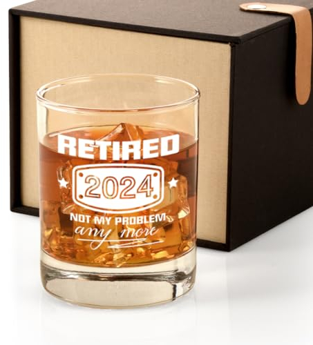 2024 Retirement Gifts for Men, Funny Retired 2024 Not My Problem Any More Whiskey Glass Gift, Happy Retirement Gifts for Office Coworkers, Husband, Dad, Brother, Friends