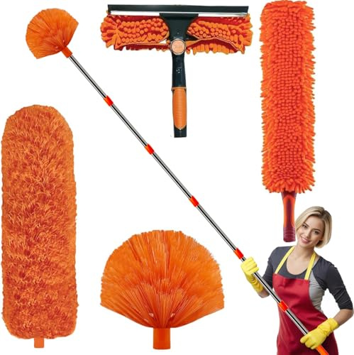 20+ Feet High Reach Duster Kit with 3-14 ft Free Installation Extension Pole // High Ceiling Dusting and Window Cleaning Tool Kit // Window Washer & Squeegee, Cobweb Duster, Fan Blade,Feather Dusters