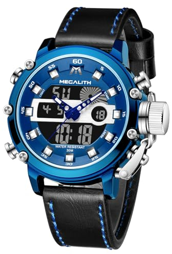 MEGALITH Orologio Uomo Digitale Militare - Sportivo Orologio da Polso Pelle Nero Quadrante Grande LED Orologi Analogico Digitali Impermeabile Allarme Cronometro Calendario - Regali da Uomo