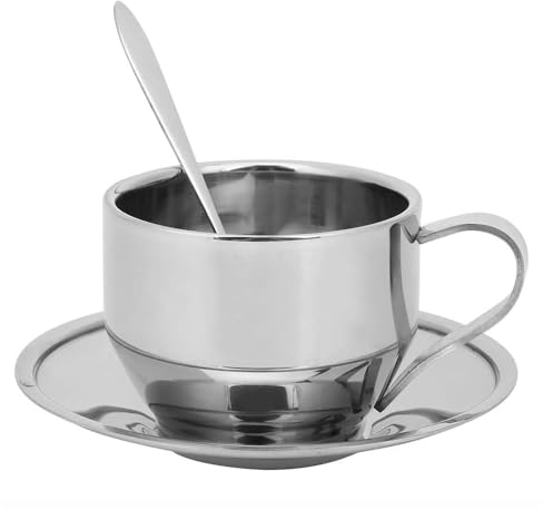 HUAMu Tasse à café 180ml avec isolation thermique en acier inoxydable Tasse à café double paroi avec soucoupe et cuillère pour l'art du café/espresso