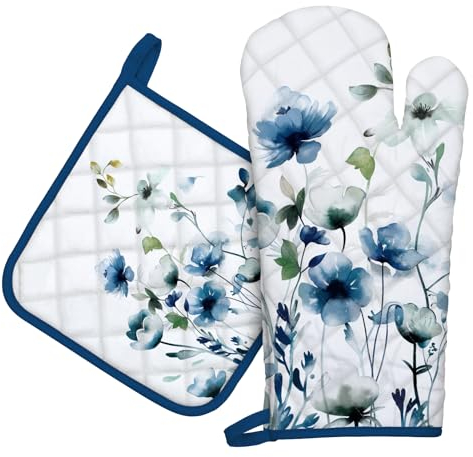 Arquiel Gants De Four & Maniques Lot De 2, 100% Coton Maniques Cuisine Gant Four Anti Chaleur Extra-Longue pour Barbecue, Cuisine, Griller, Micro-Ondes(Fleur d'encre Bleue)