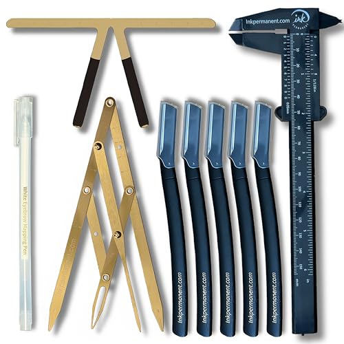 Eyebrow Mapping Kit for Microblading, 9 Piece, Calipers & 5 Razors | 5 precision razors, 3-point positioning ruler, double-scale vernier and golden ratio calipers for brow symmetry