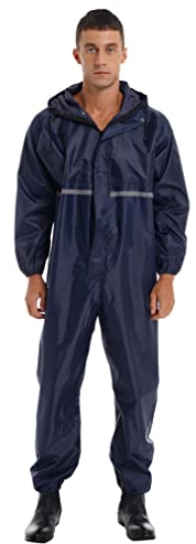 Freebily Herren Damen wasserdichte Overalls Arbeitskleidung Mit Reflexstreifen Und Kapuze Regenmantel Reinigungsoverall Sicherheitanzüge Marineblau_A XL