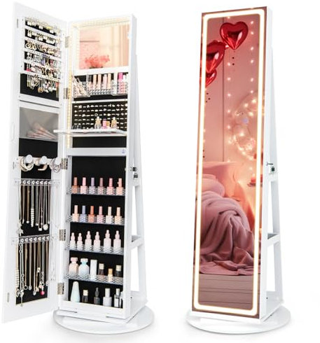 Multigot 3-in-1 Jewellery Cabinet with 3-Color LED Lights, 360°Swivel Lockable Jewellery Armoire with Full-Length Mirror and Rear Shelves, Freestanding Cosmetic Storage Organizer (White)