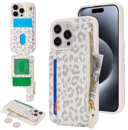 SailorTech Schutzhülle für iPhone 15 Pro, mit Kreditkartenfach für Herren, iPhone 15 Pro, mit Kreditkartenfächern, Brieftasche, Reißverschluss, weißer Leopard
