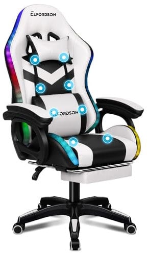 ELFORDSON LED Gaming Chair with 8-Point Massage, Swivel Office Chairs with Head Pillow Lumbar Support, Ergonomic Desk Chair with Armrests Footrest, PU Leather, White and Black
