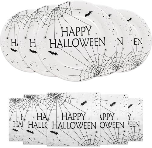HNH Spider Web Paper Plates and Napkins Set Disposable for Halloween 40 Pieces Party Tableware for Table Decorations
