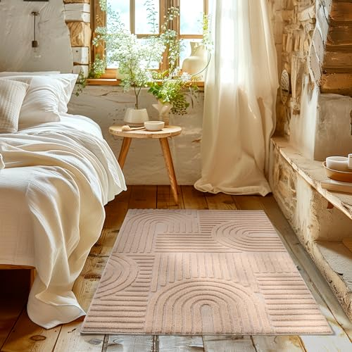 HomebyHome Kurzflor Teppich Läufer 80 x 150 cm Rosa Hoch-Tief 3D Effekt Teppich Waschbar, Flauschig und Extra Weich - Skandinavisch Boho Muster Teppich für Wohnzimmer, Schlafzimmer und Küche